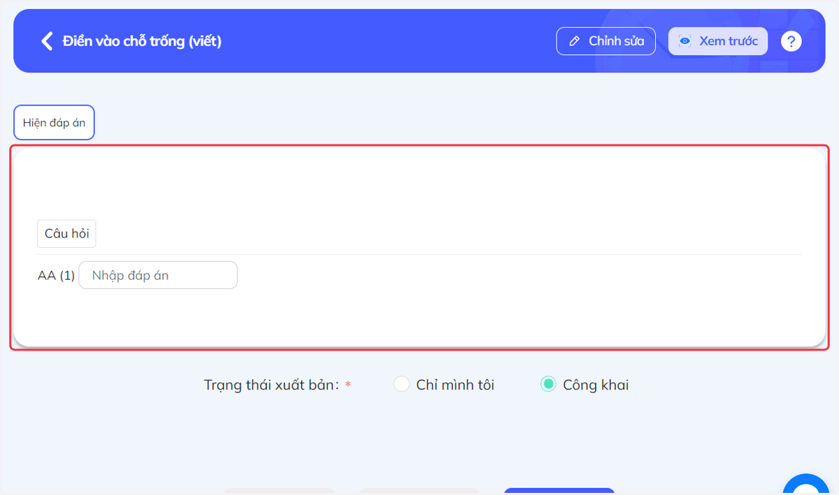 Bảng hiển thị câu hỏi