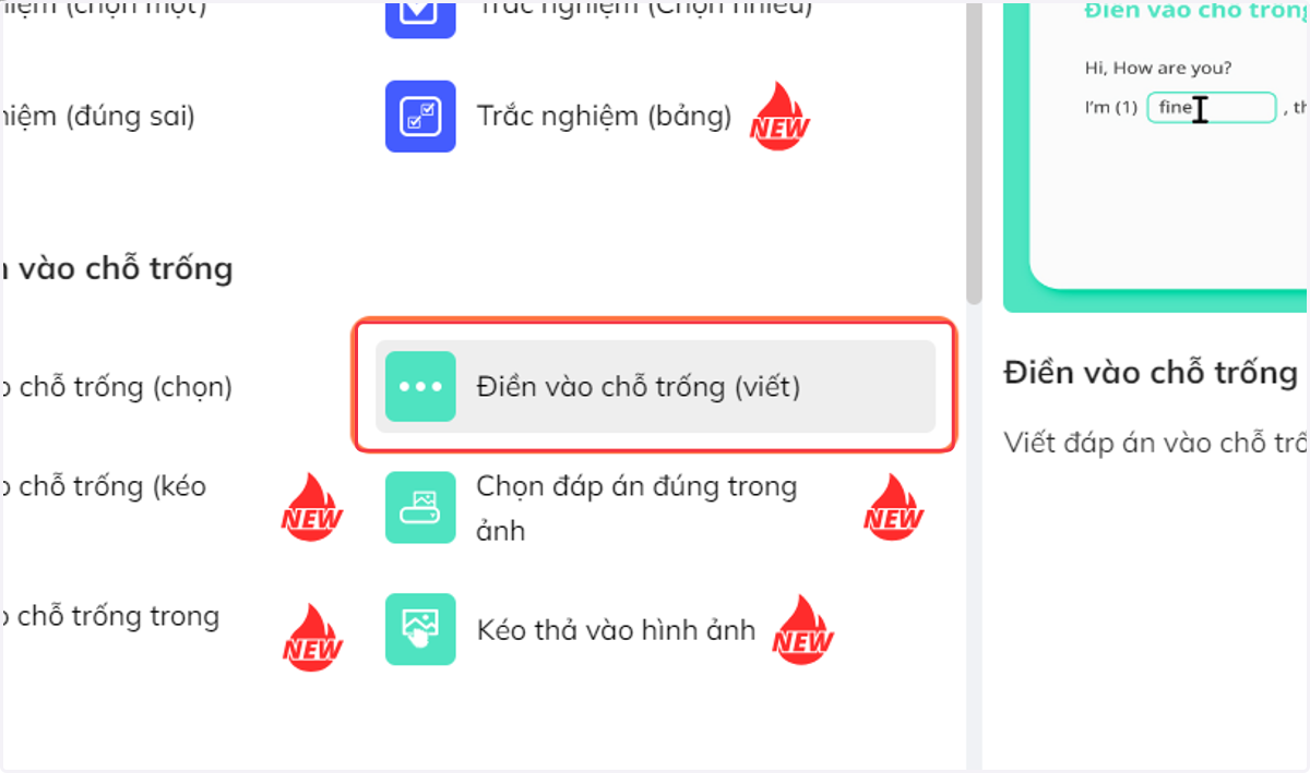 Nhấn chọn "Điền vào chỗ trống (Viết)"