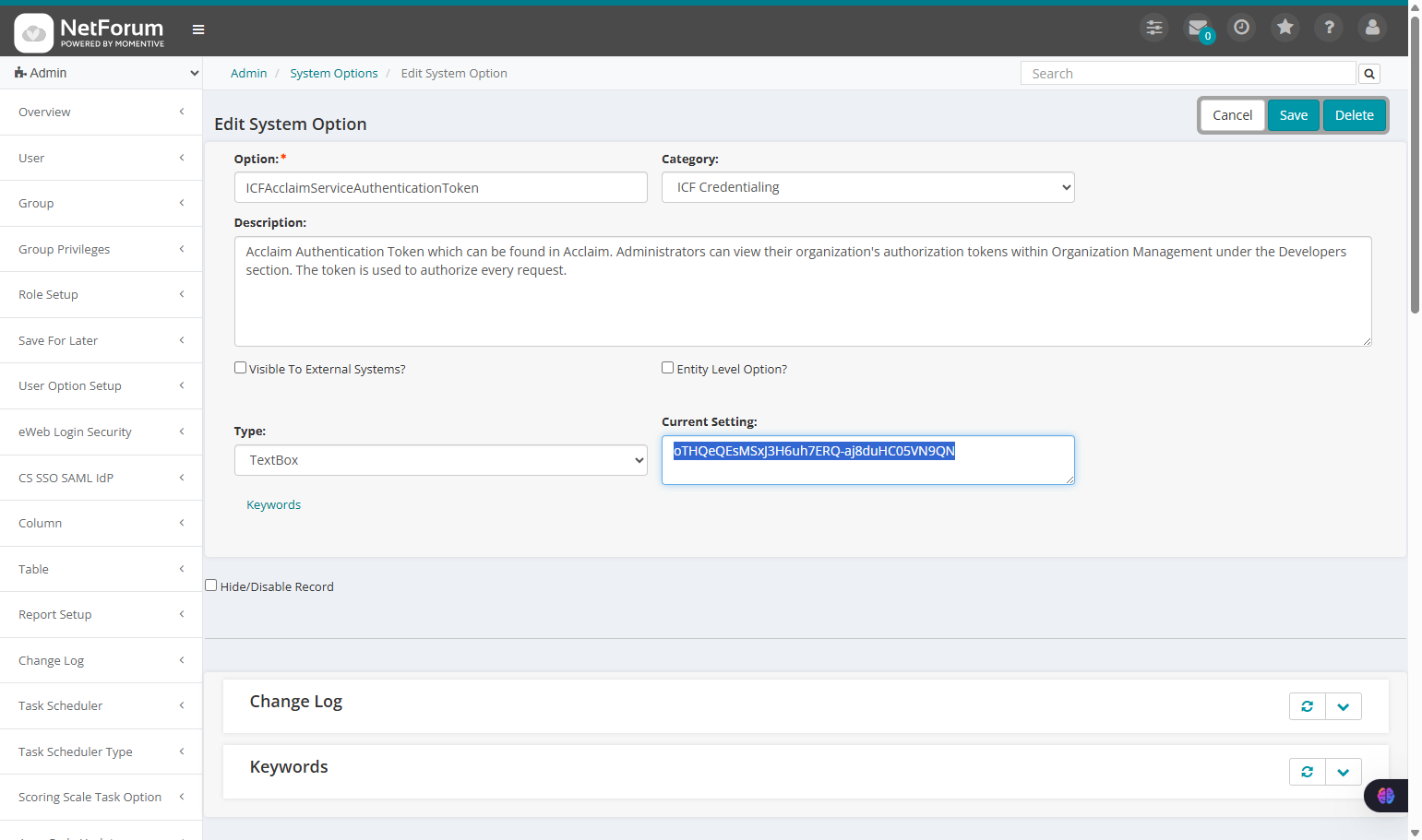 Paste the token into the correct system option's current setting