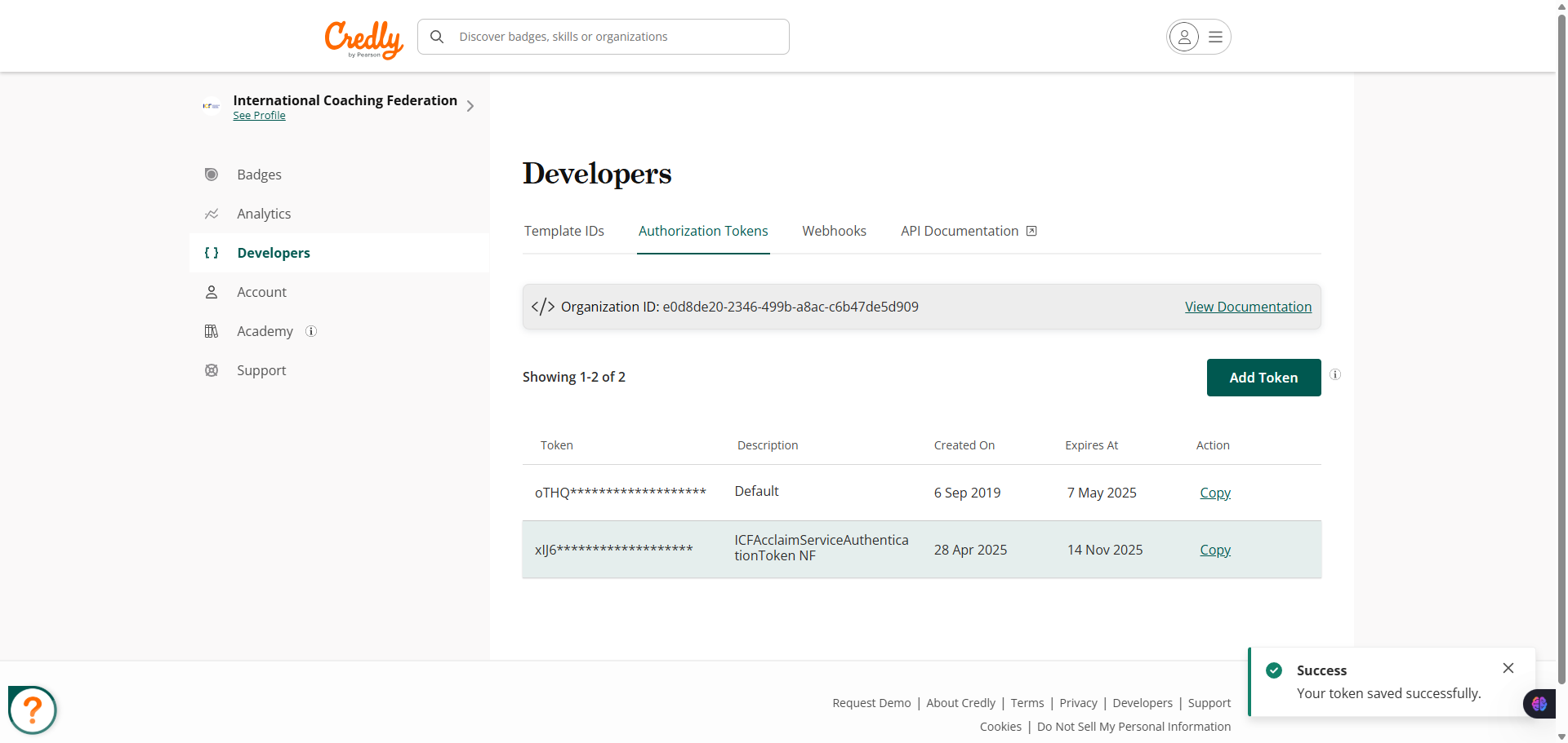 Copy the newly created token