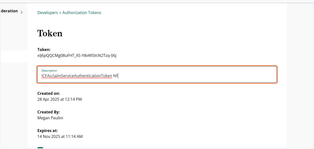 For the description, I pasted the name of the corresponding system option "ICFAcclaimServiceAuthenticationToken NF"