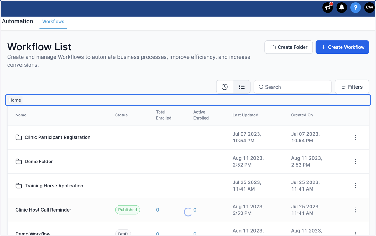 Your workflow will now appear in the list of all other workflows and folders