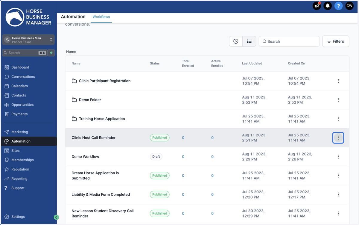 Locate the workflow that you want to put in your new folder and click the three dots