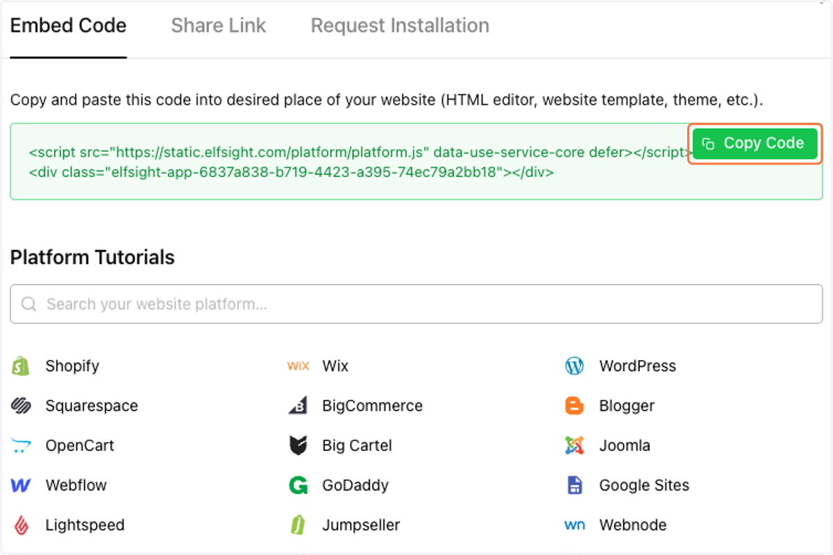 Your widget has been created, and the code is generated! Click on 'Copy Code'