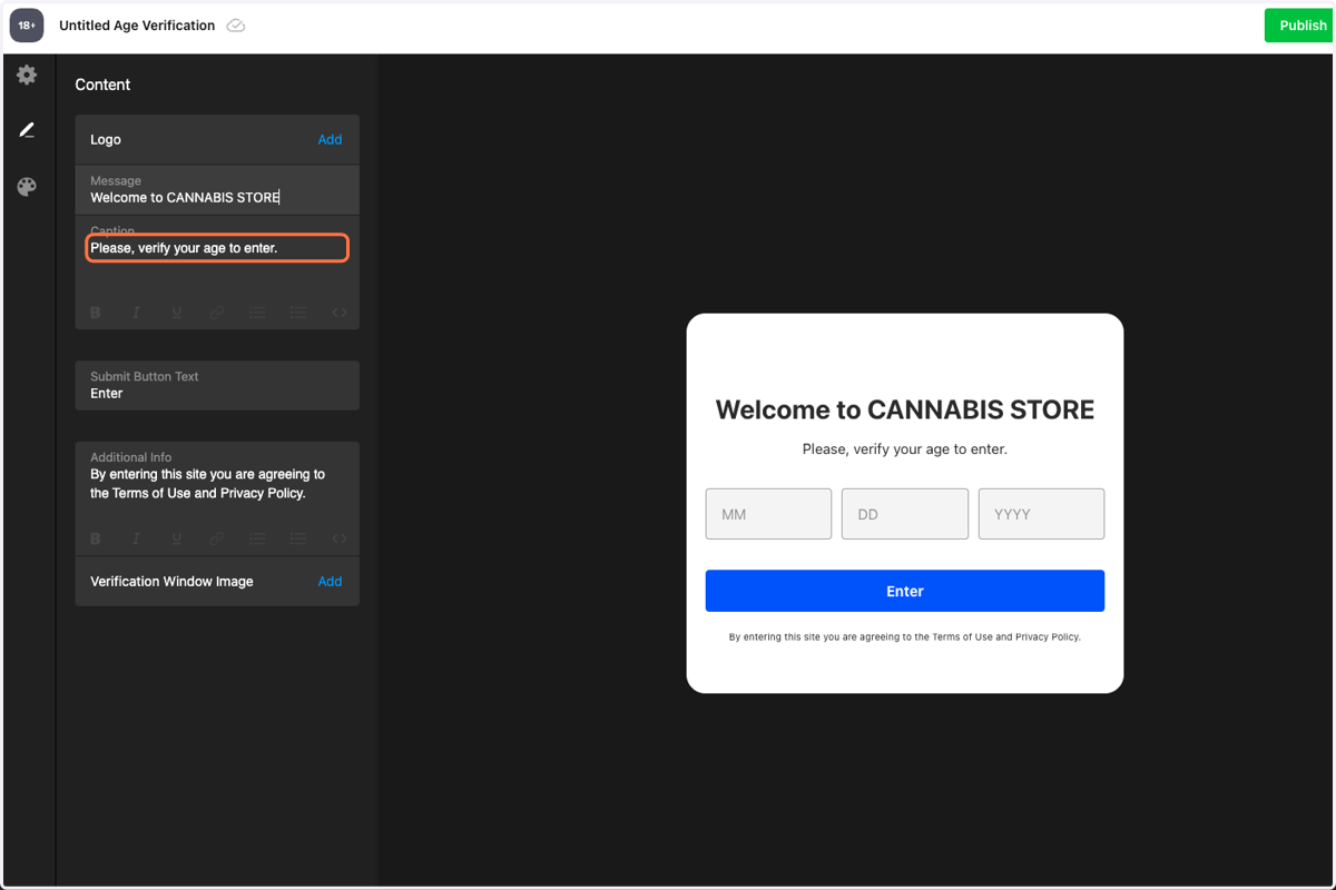 Click on the default 'Caption': 'Please, verify your age to enter.'