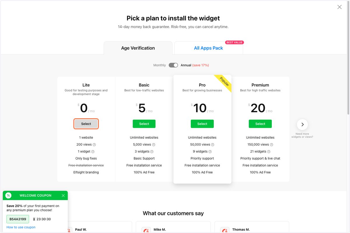 Pick a plan: To choose the 'Lite' plan (free), click 'Select' in the first column