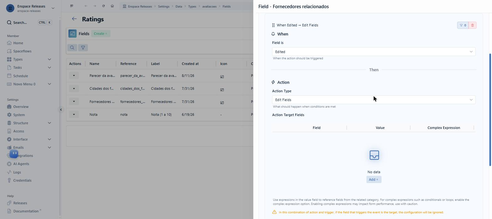 Set up the event trigger: leave Field is on Edited, so the event runs when the field changes, and Action Type on Edit Fields; then click Add