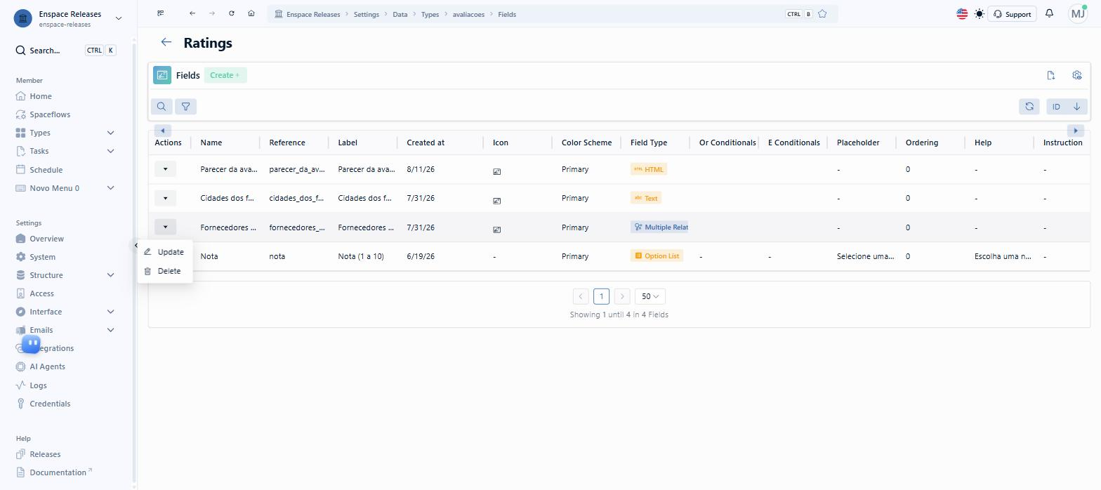 In the fields table, open the field's Actions menu and click Update