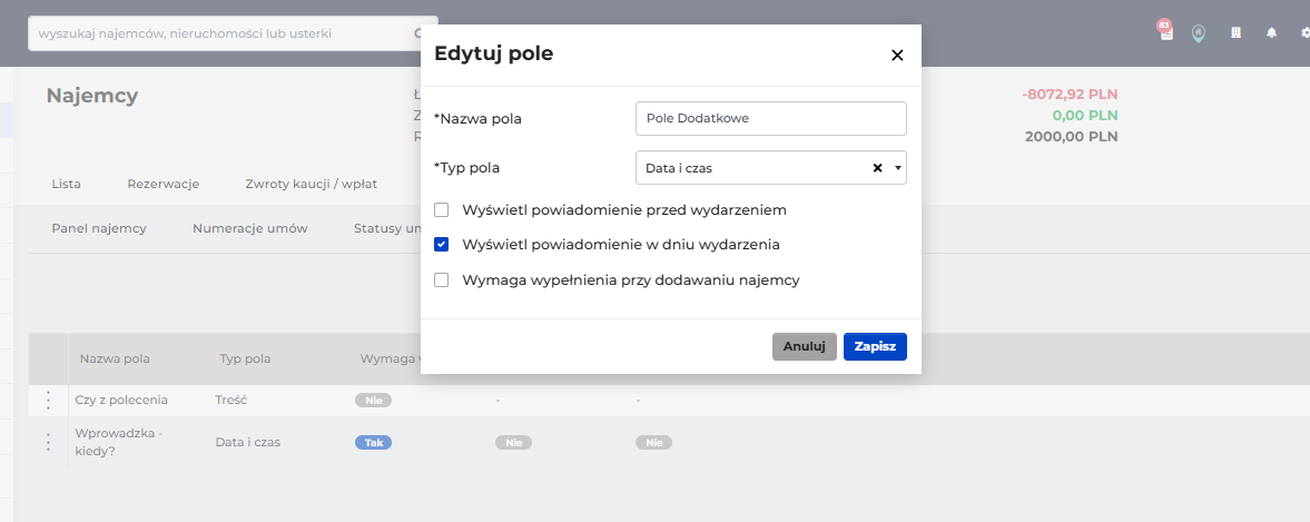 Przy każdym typie pola są dostępne dodatkowe opcje