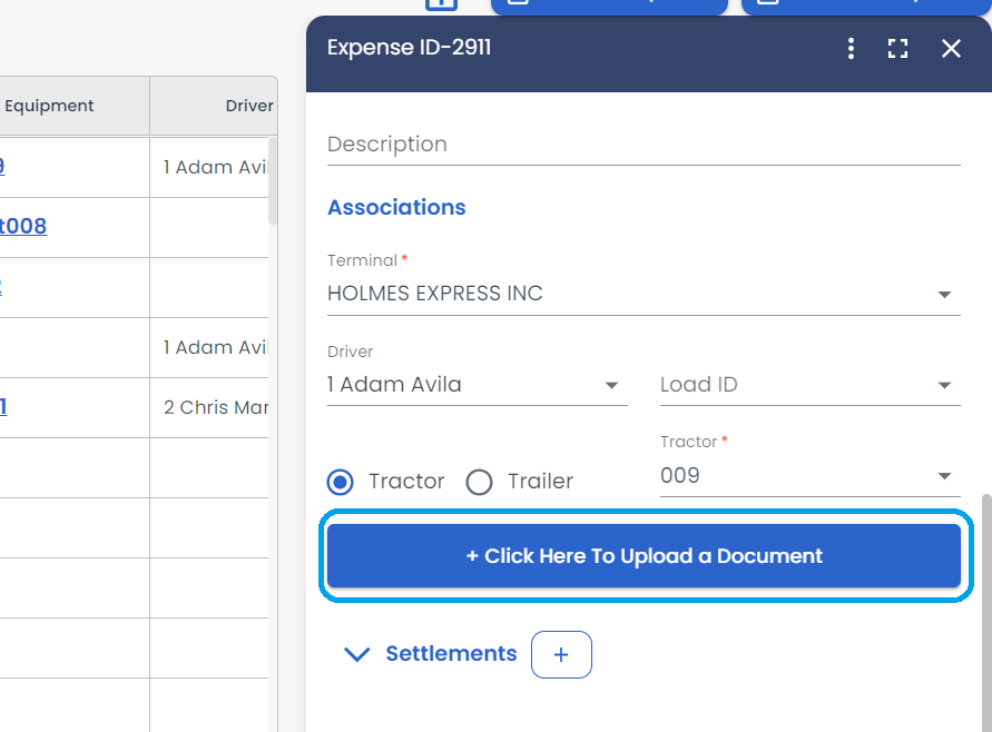 Expense related documents can also be uploaded by clicking on + Click Here To Upload a Document"