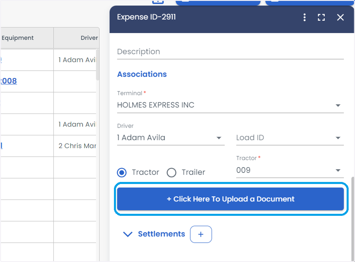 Expense related documents can also be uploaded by clicking on + Click Here To Upload a Document"
