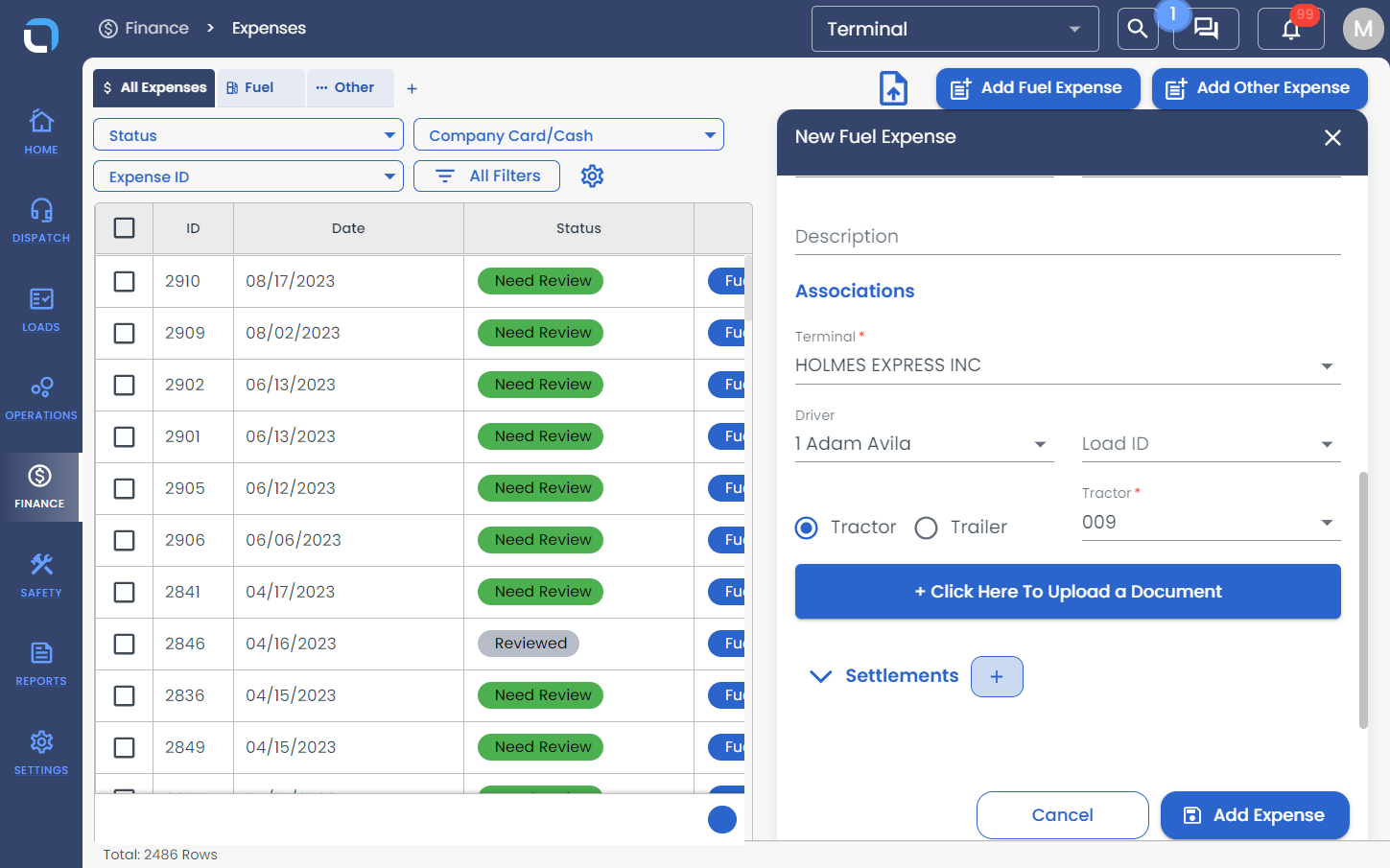 Click on + symbol to create a Driver/Tractor Settlements