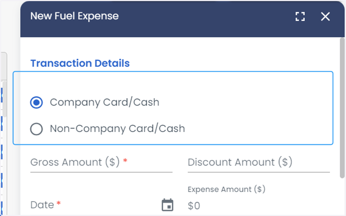 You can select either Company Card/Cash or Non-Company Card/Cash