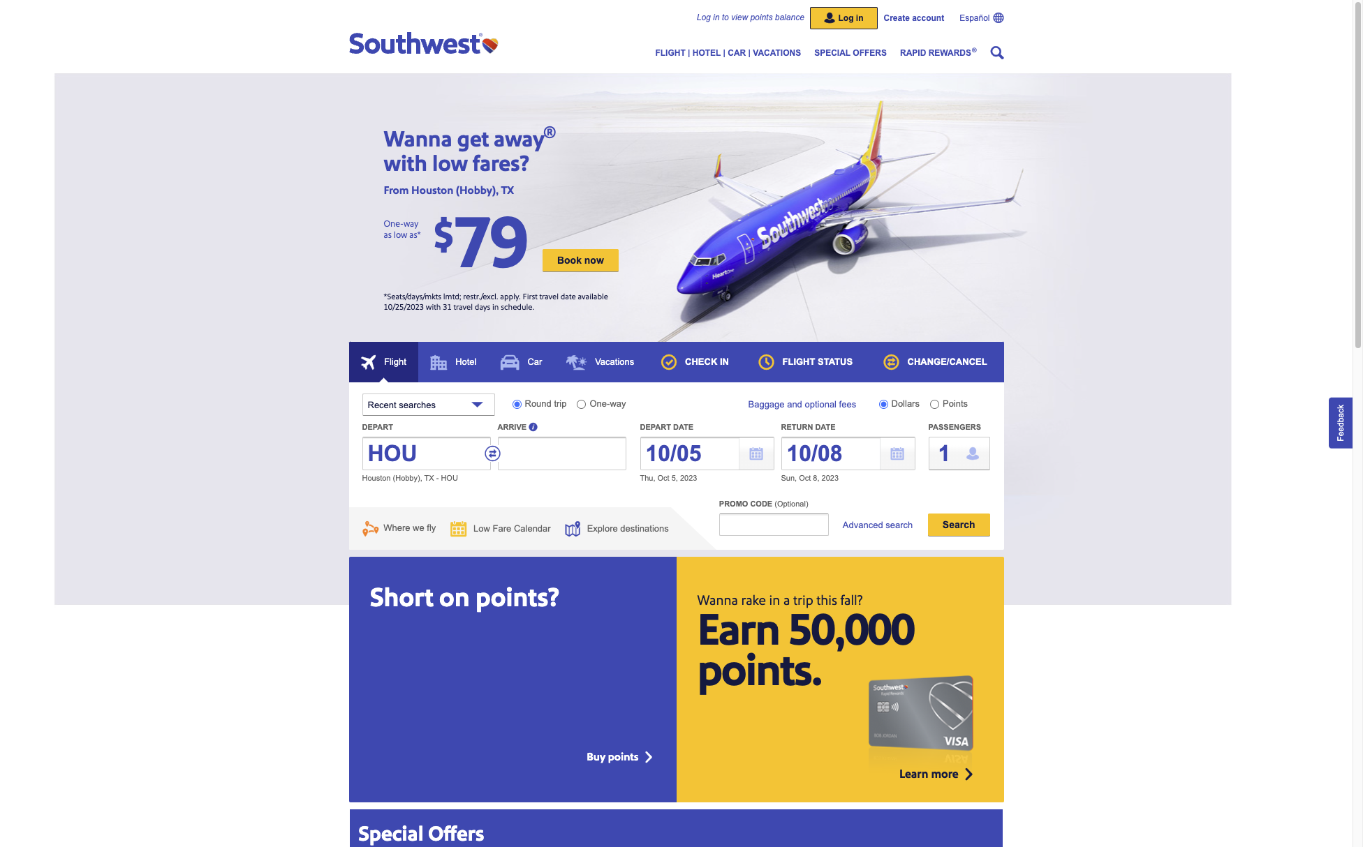 Start by logging into your Southwest account by clicking "Log In" in the top right corner