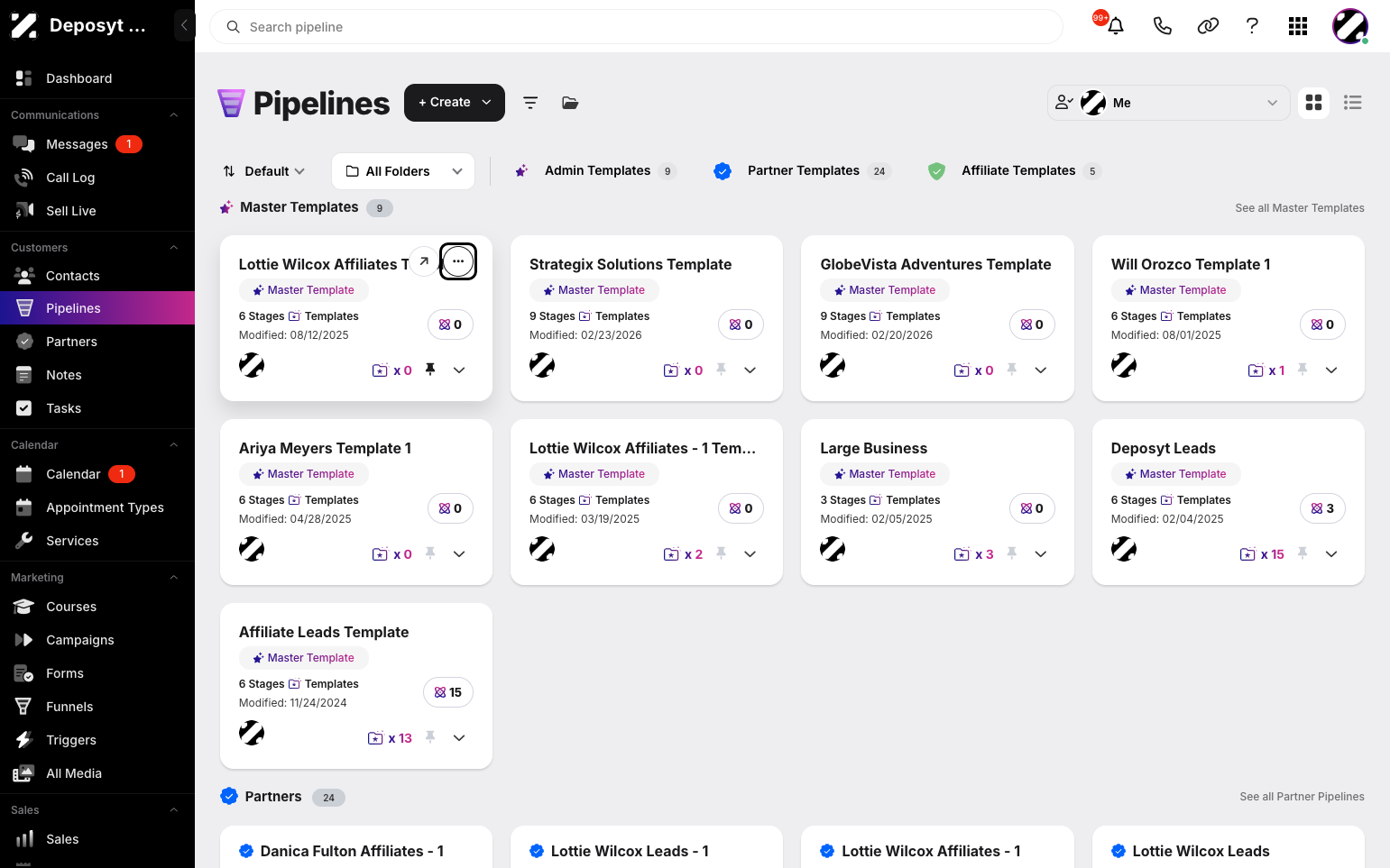 Step 2: In Grid View, you can save a pipeline as a template by hovering over a pipeline and clicking the three-dot menu.