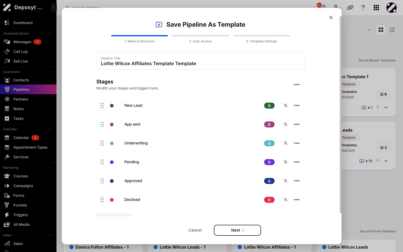 Step 4: A new pop-up window will appear. From this page, you can enter the pipeline title and modify your stages and triggers. Then, click Next.