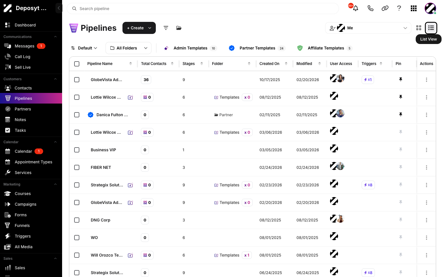 Step 7: For List View, click the List View icon to display the pipelines as a list.