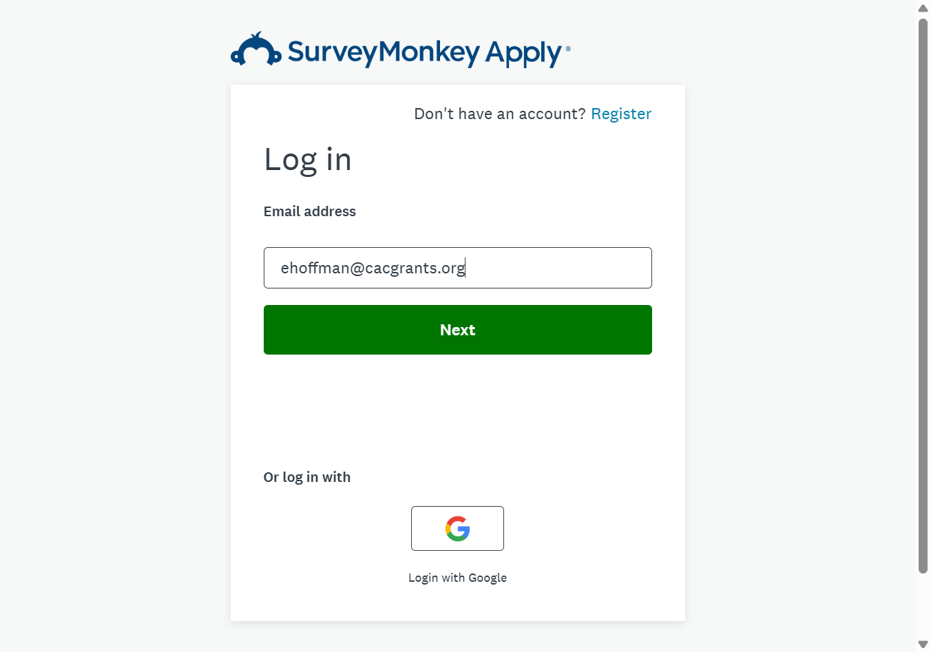 Enter the email address you've registered with SurveyMonkey Apply