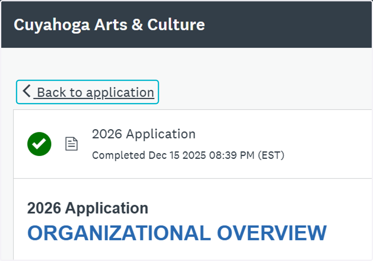 After saving that Application to your computer, navigate back to the SurveyMonkey Apply tab in your browser and click on "Back to application"