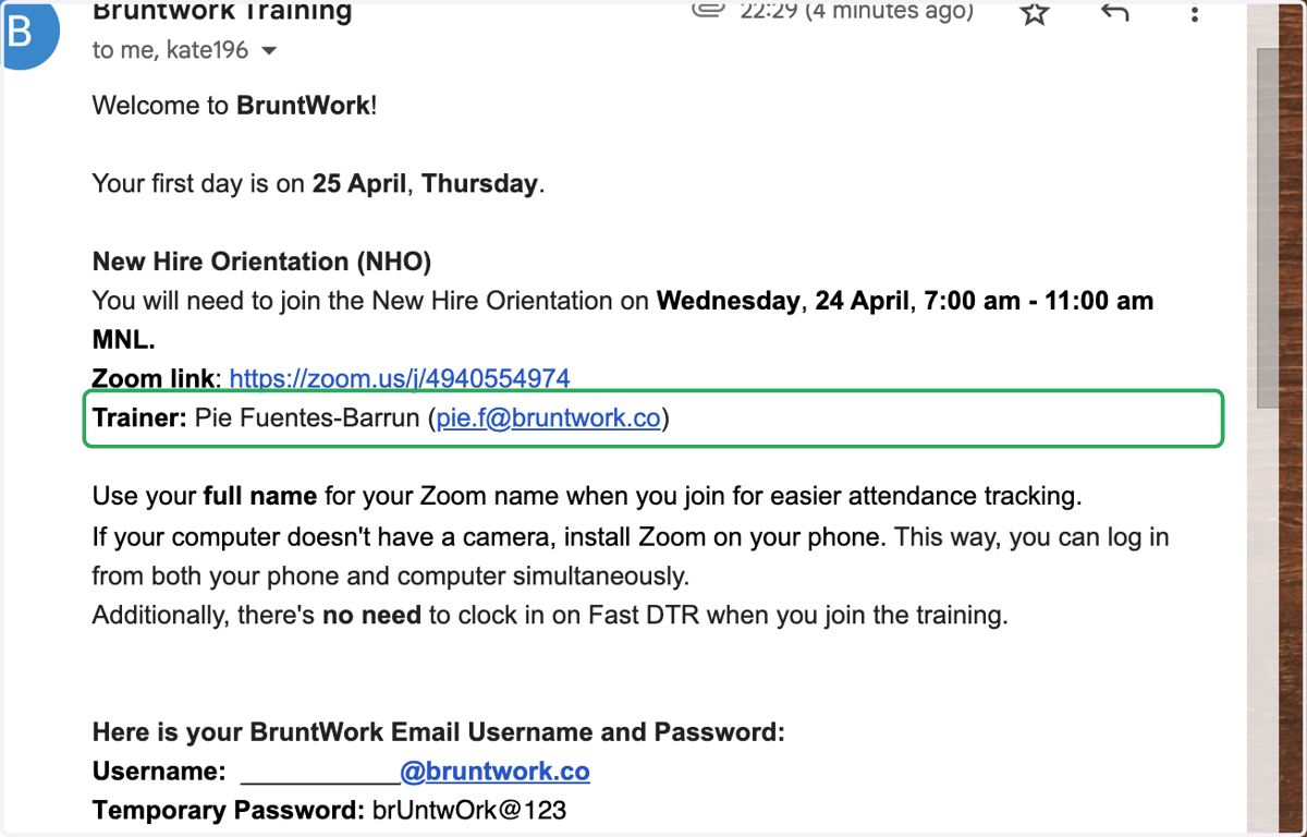 And the name and email address of your trainer