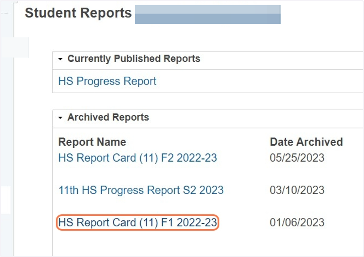 Viewing the Student Report Card