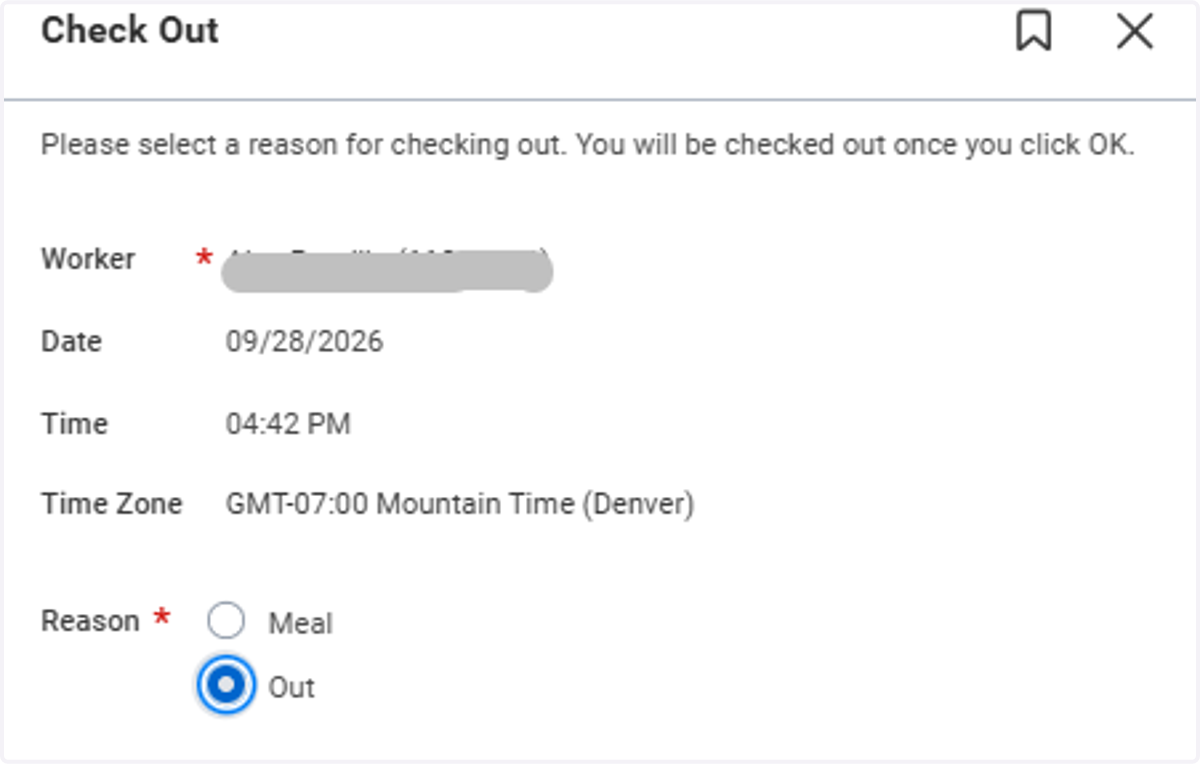 Select reason: either Out for Meal Break or Out for End of Shift