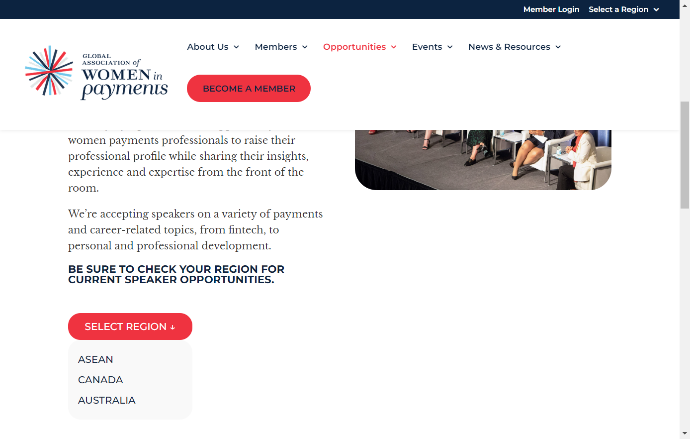 Scroll to the bottom of the page and Click on SELECT REGION to see current speaker opportunities.