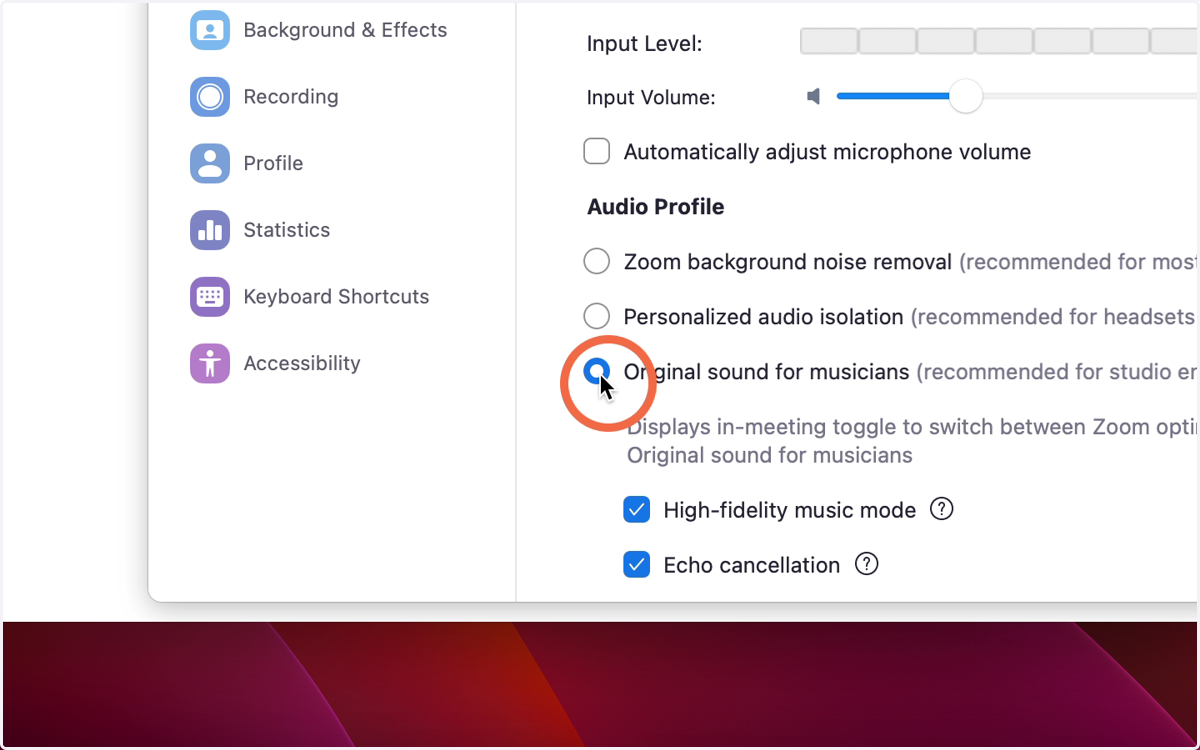 Ensure Original sound for musicians is clicked