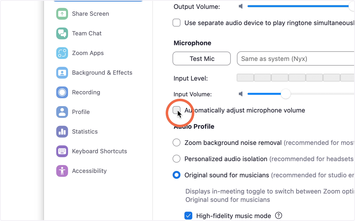 Ensure "Automatically adjust microphone..." is unchecked