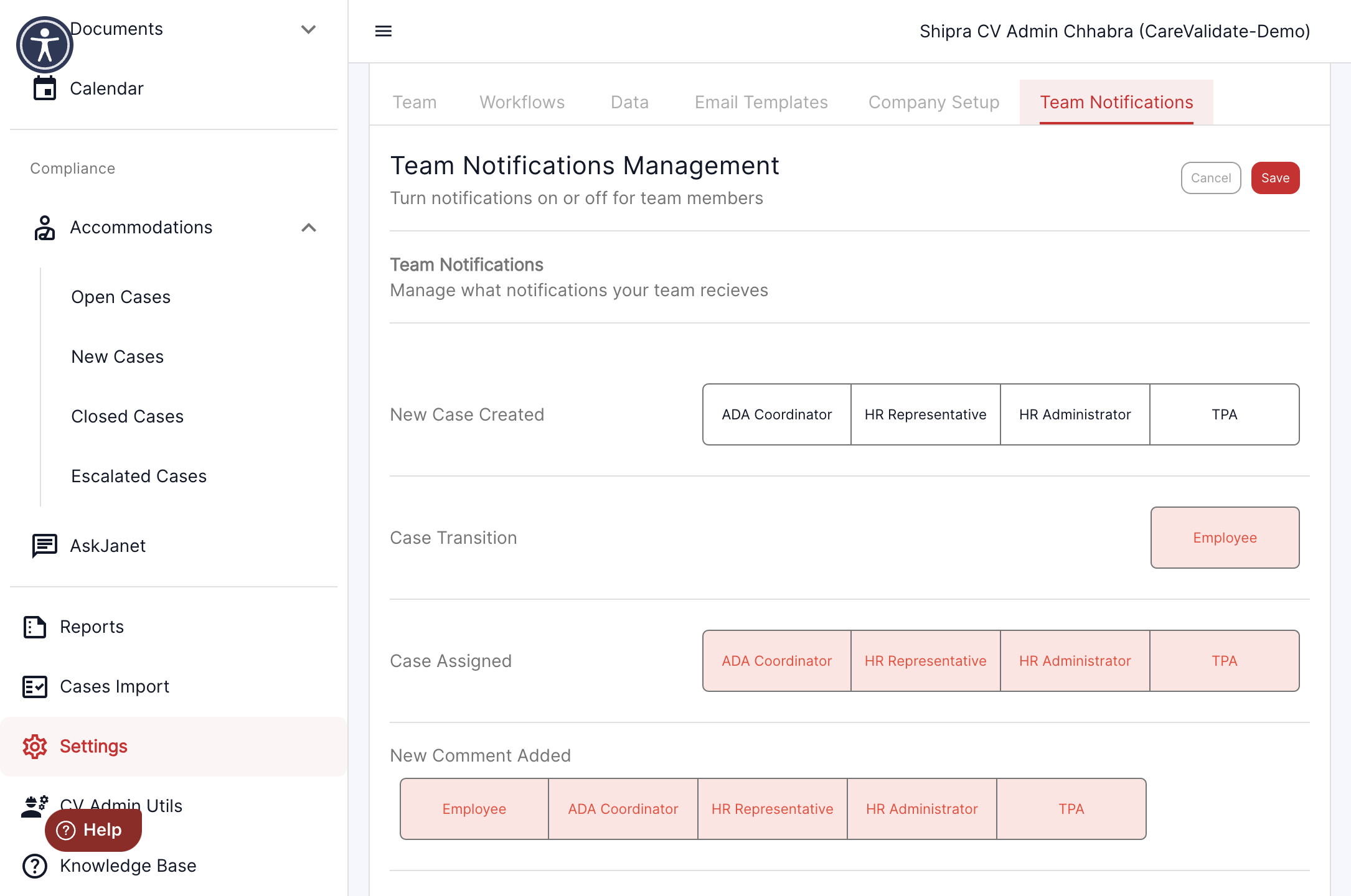 Click on Team Notifications from the top menu