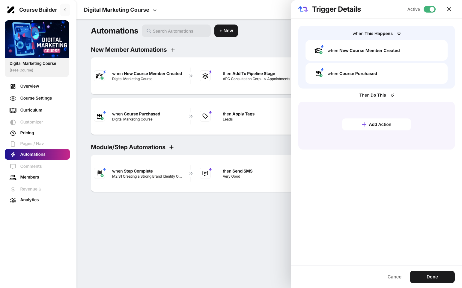 Step 5: Set up a new trigger by selecting whether it occurs when a new course member is created or when a course is purchased.