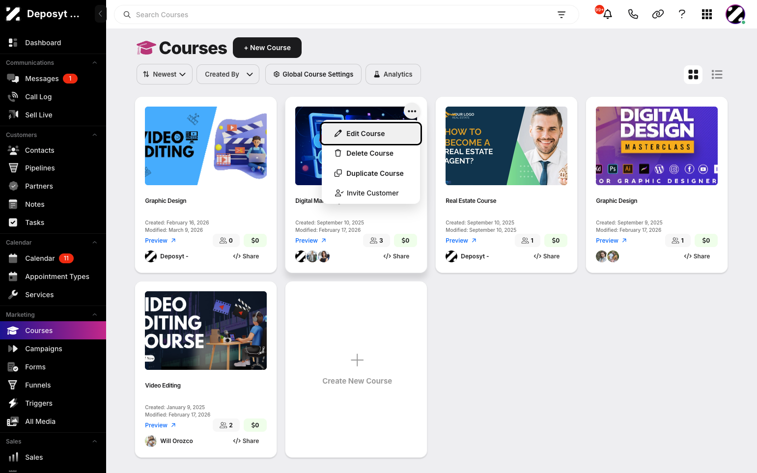 Step 2: Select a course, then click the three-dot menu. A pop-up menu will appear—click Edit Course.
