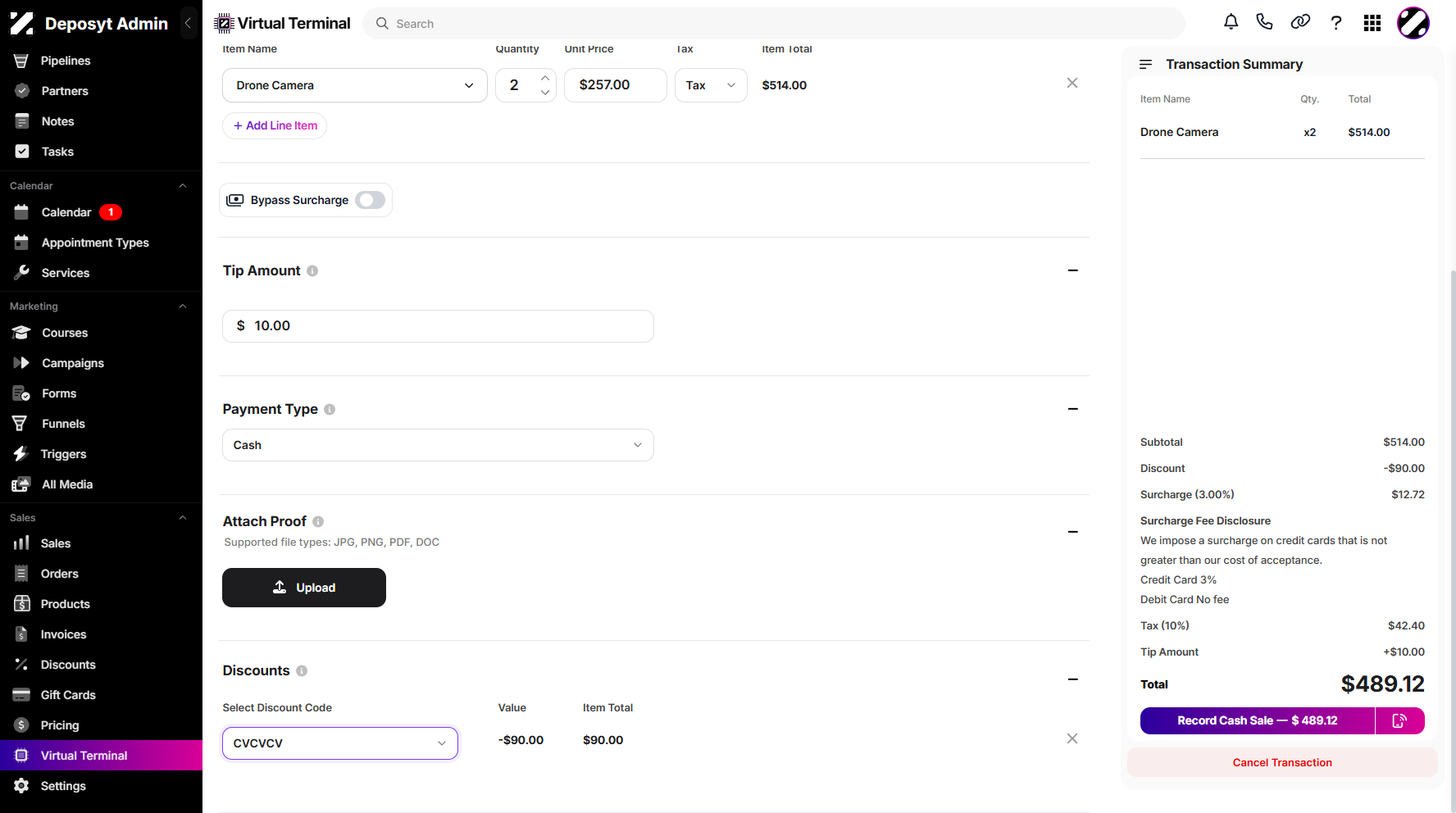 Step 11: Once all is set, proceed by clicking the Record Cash Sale button in the transaction summary overview.
