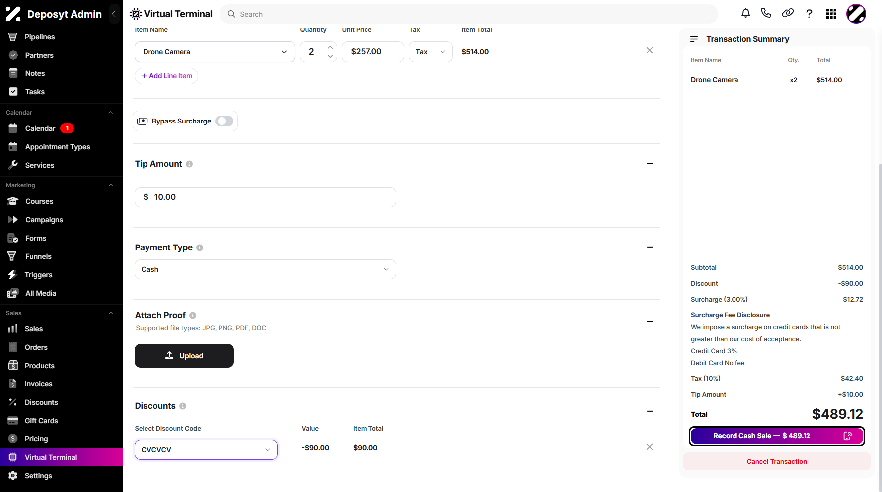 Step 11: Once all is set, proceed by clicking the Record Cash Sale button in the transaction summary overview.