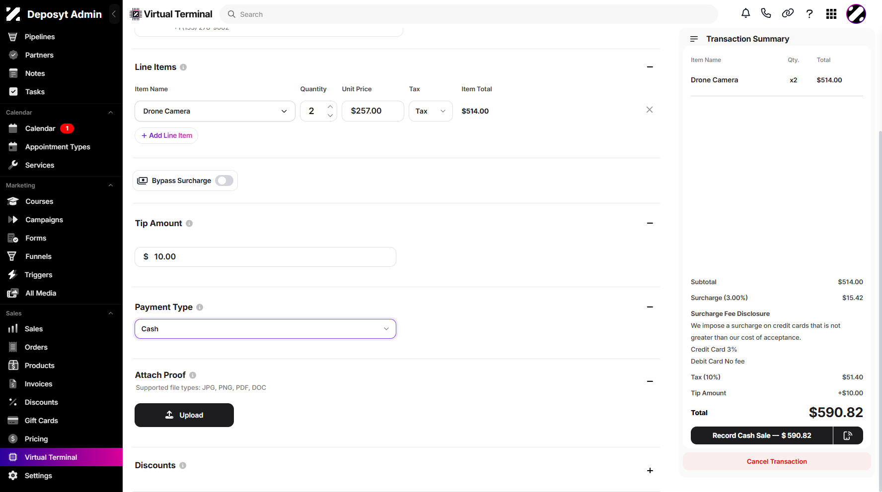 Creating a Virtual Terminal with Cash Payment