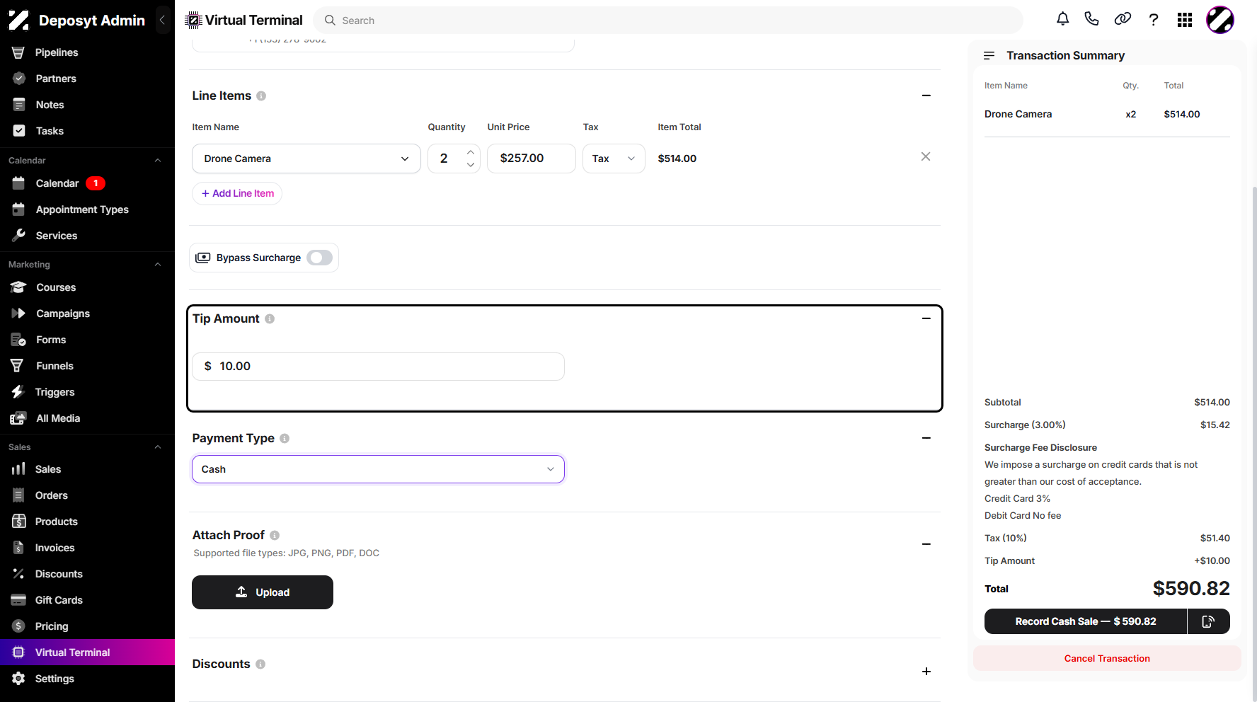 Step 7: You can also manually add a tip and select the payment type from its dropdown menu.