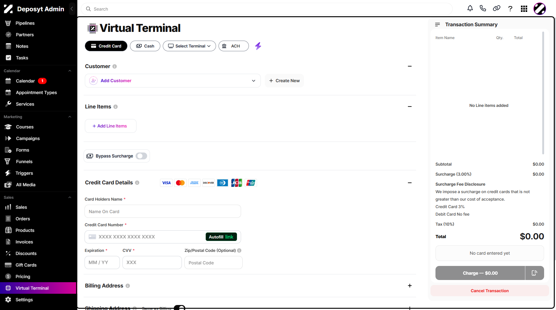 Step 2: You will then be navigated to the Virtual Terminal (Credit Card) page, which is the default view.