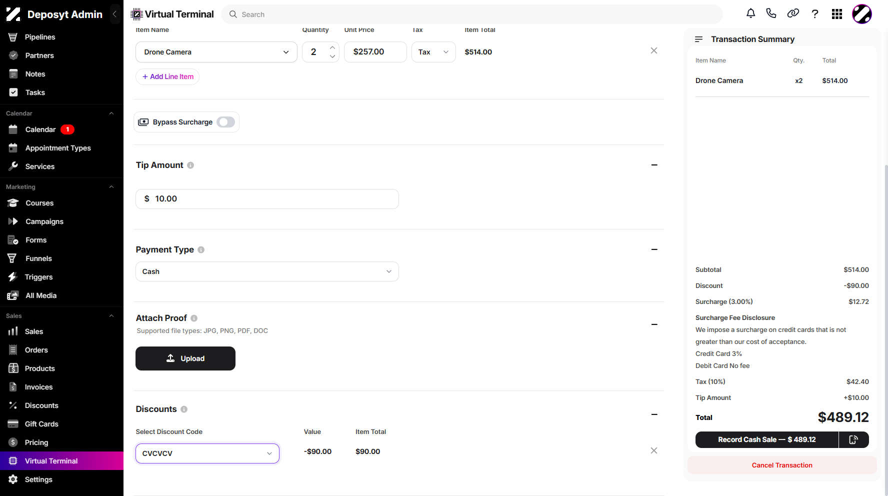 Step 9: Next is the Attach Proof section, where you can upload a receipt or proof of payment for this transaction. You can also apply a discount using the discount code dropdown menu.