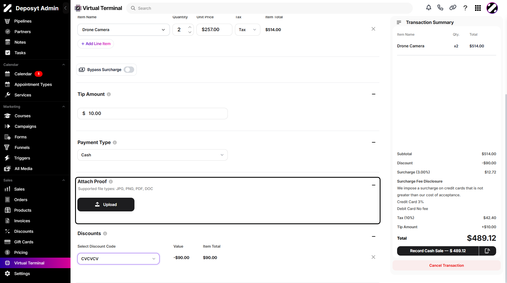 Step 9: Next is the Attach Proof section, where you can upload a receipt or proof of payment for this transaction. You can also apply a discount using the discount code dropdown menu.