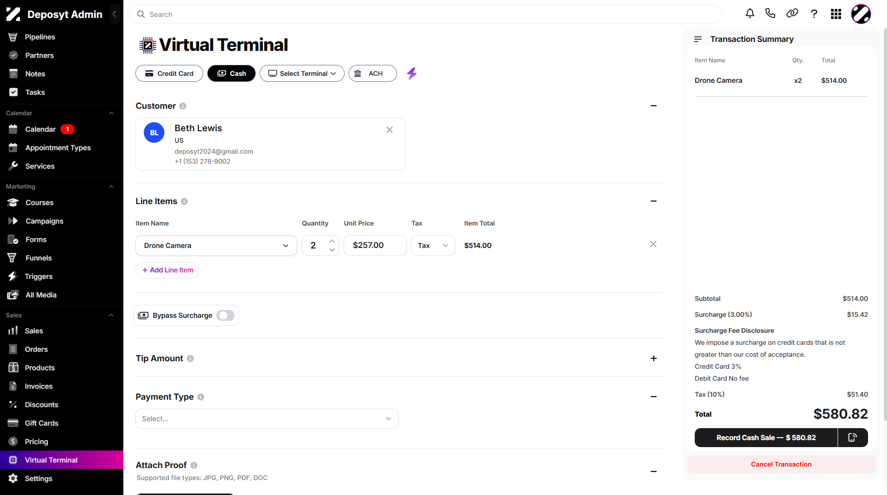 Step 6: Next is the Line Items section, where you can add products by clicking + Add Line Items. A dropdown menu will appear where you can select your product. You can then manage the quantity and tax. You may also click + Add Line Items again to add more products.