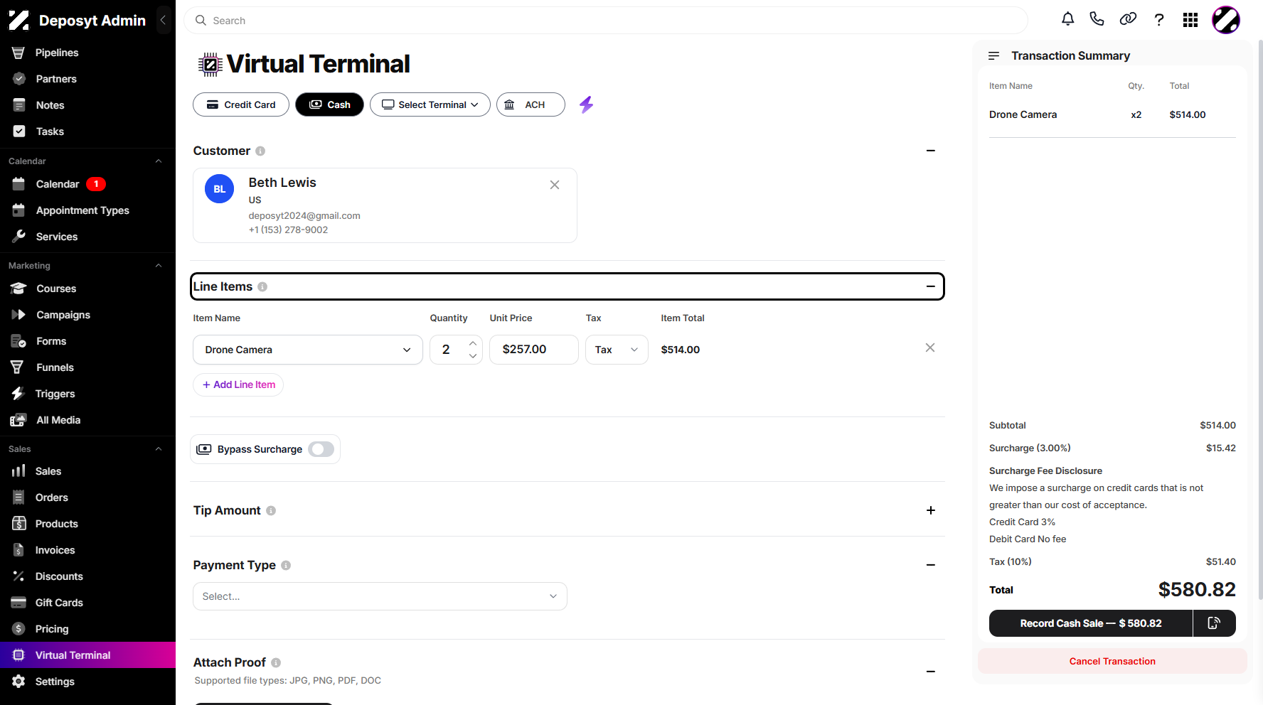 Step 6: Next is the Line Items section, where you can add products by clicking + Add Line Items. A dropdown menu will appear where you can select your product. You can then manage the quantity and tax. You may also click + Add Line Items again to add more products.