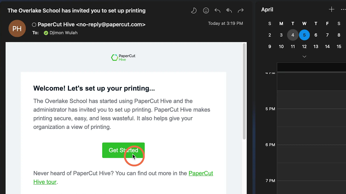 Go to your Outlook and type “PaperCut” into the search bar. Look for an email with the subject line “[PaperCut Hive] The Overlake School has invited you to set up printing”

In the email there should be a green button labeled “Get Started”. Click it.