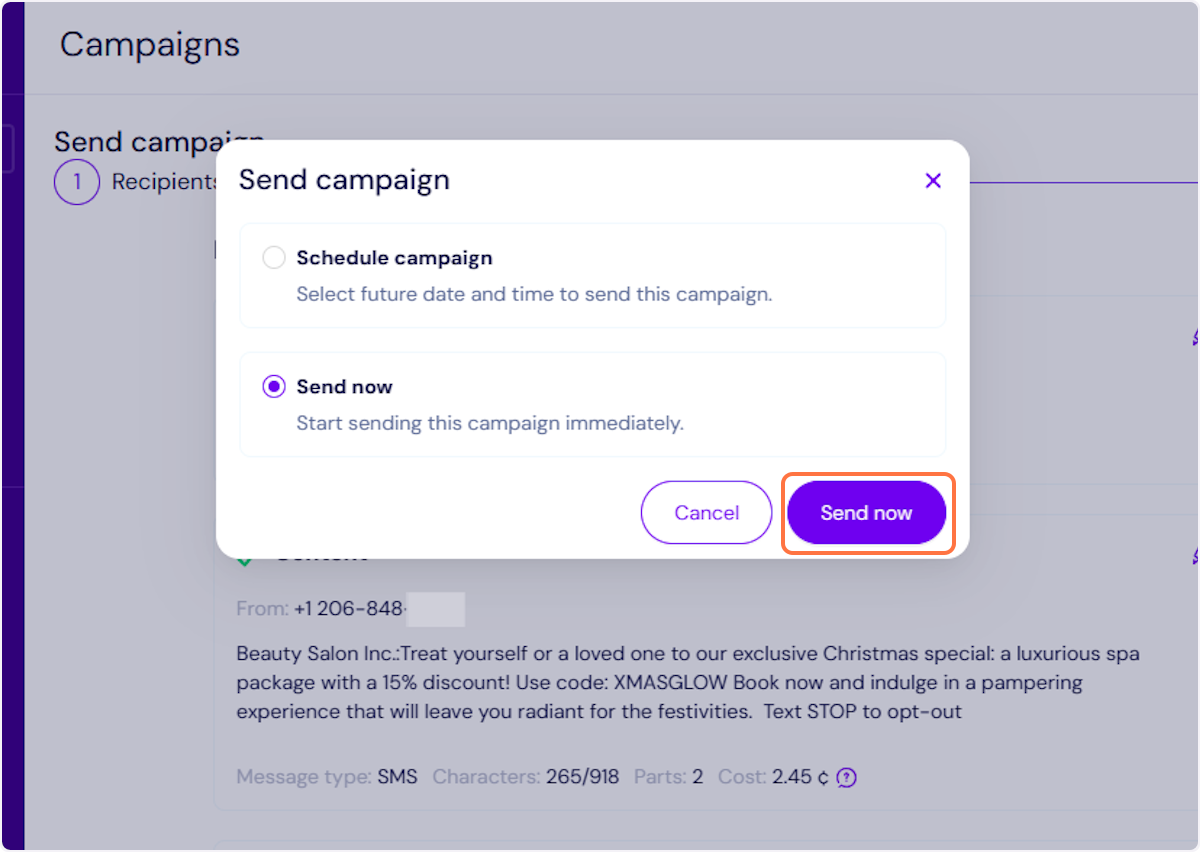 Select if you want to send the campaign now or schedule it for later.