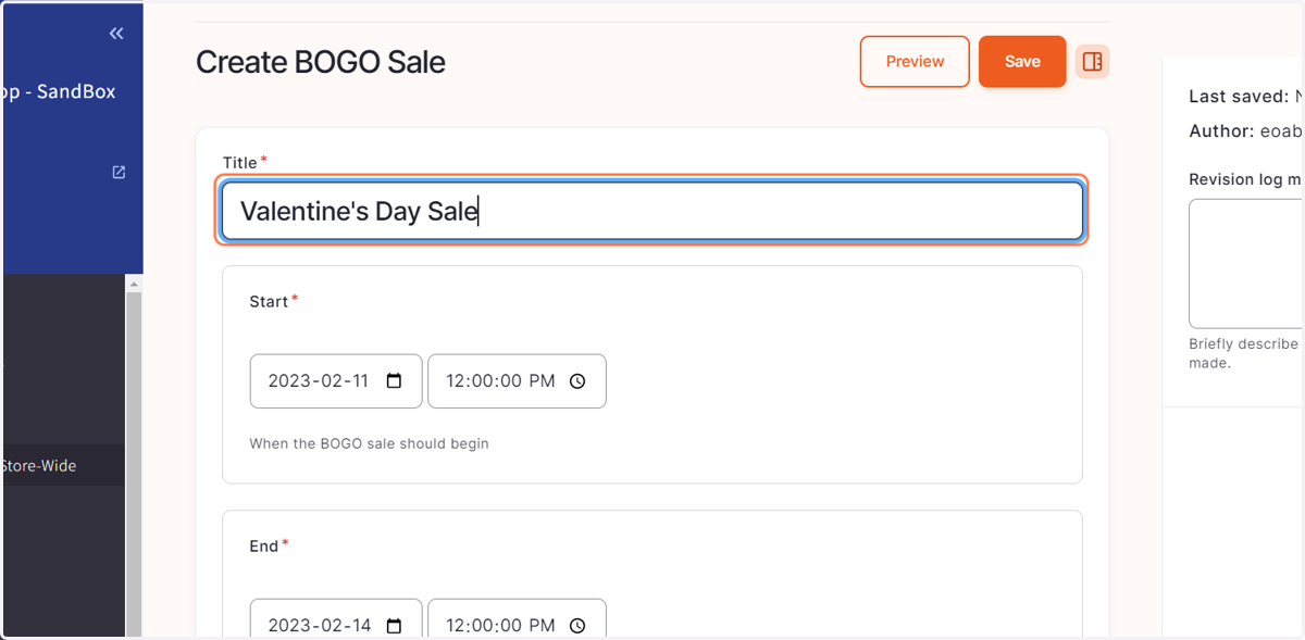 Type "Valentine's Day Sale"