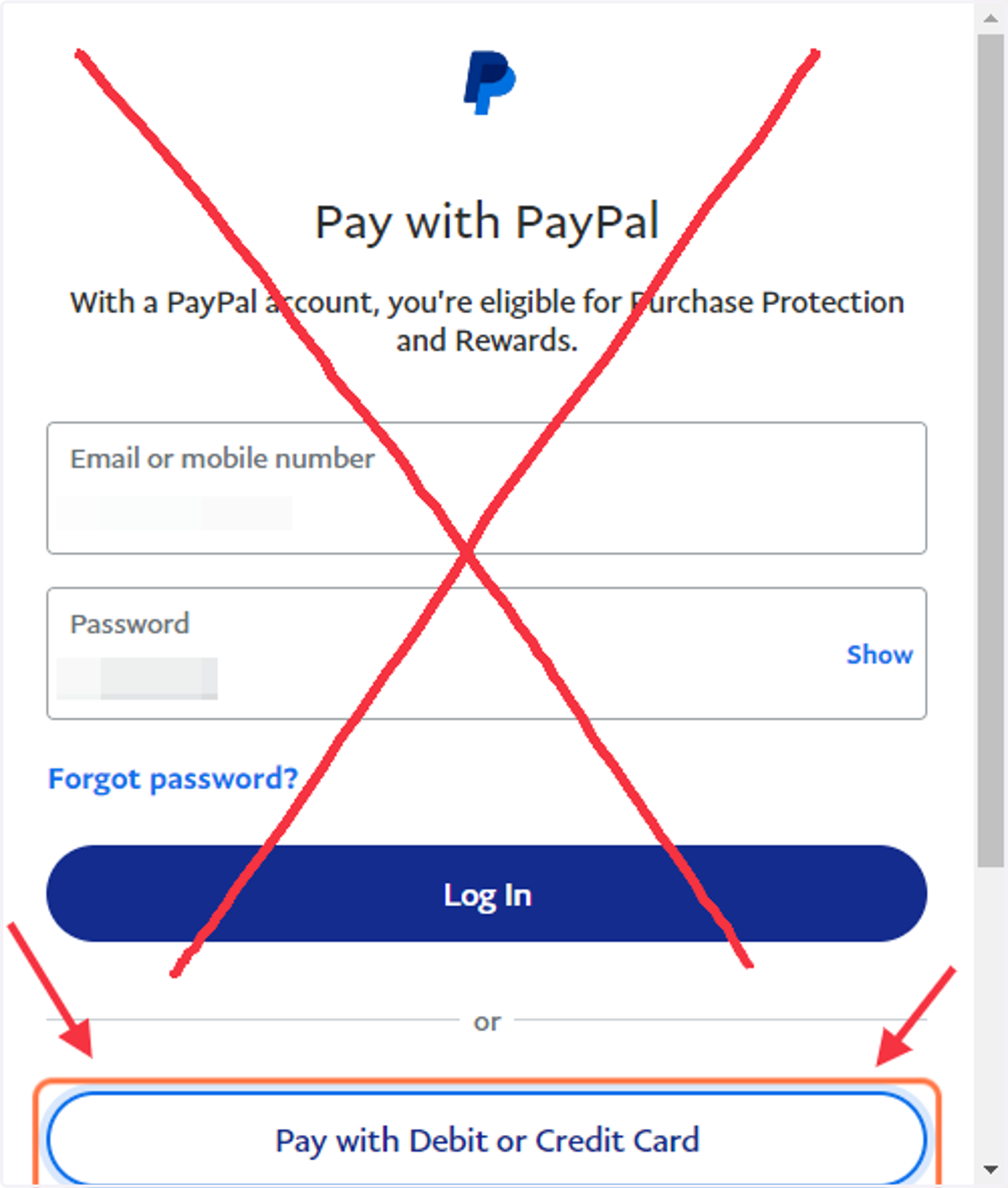 Skip over logging in with PayPal, click on Pay with Debit or Credit Card button.