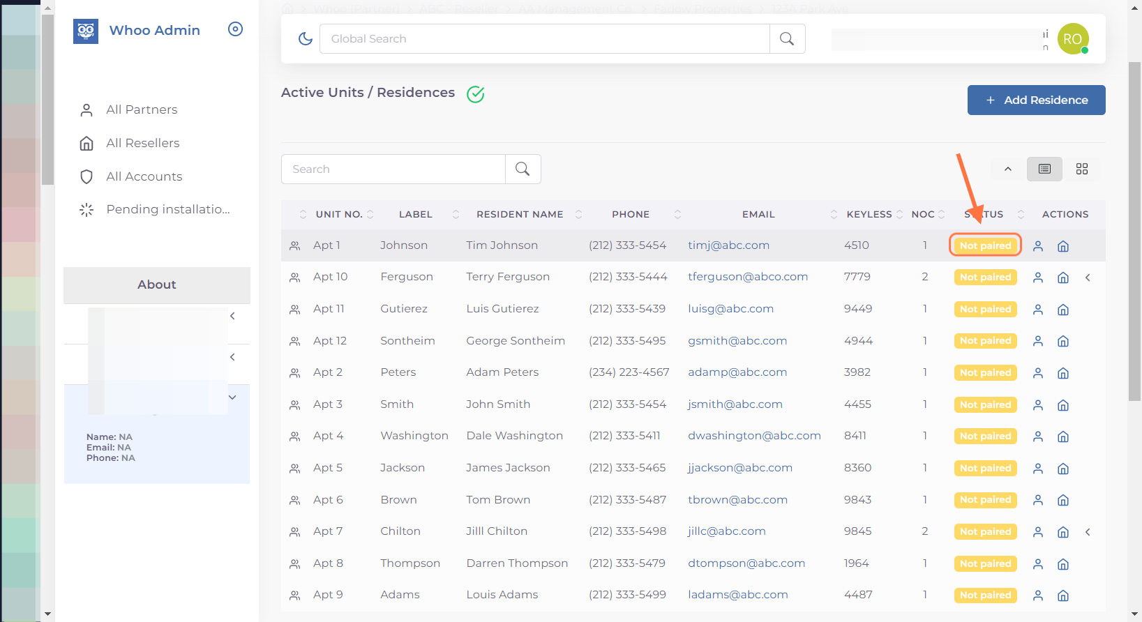 Find a resident and if their STATUS reads "Not paired" you can click on the label.