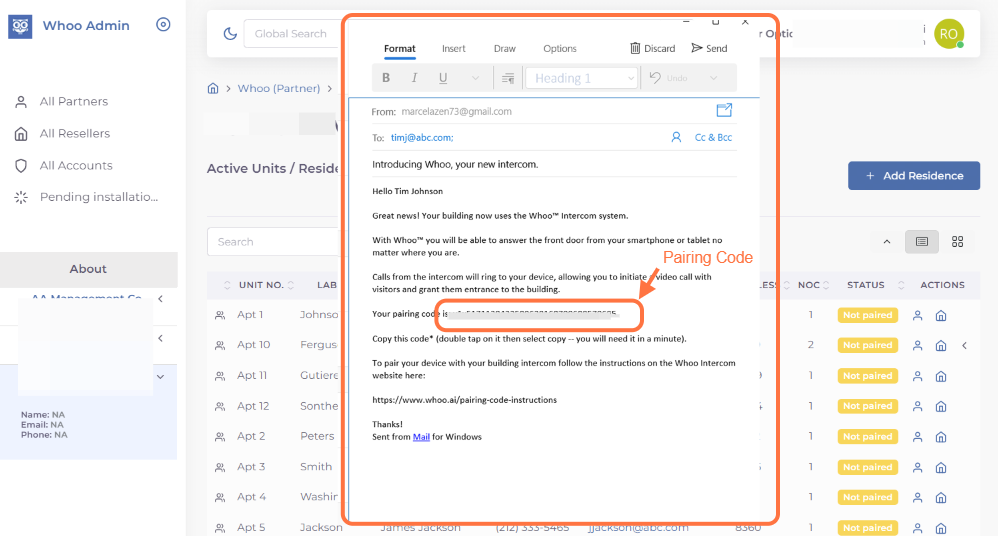 This email contains the "Pairing Code" residents need to connect their phone app with their intercom.