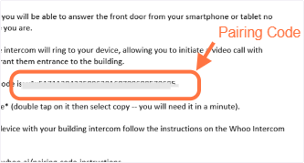 This email contains the "Pairing Code" residents need to connect their phone app with their intercom.