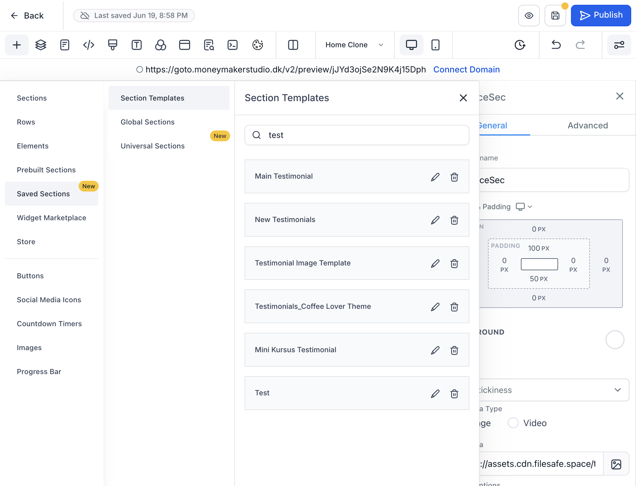 Klik på Saved Sections og vælg den type du vil indsætte "Section Templates"/Global Sections/Universal Sections"