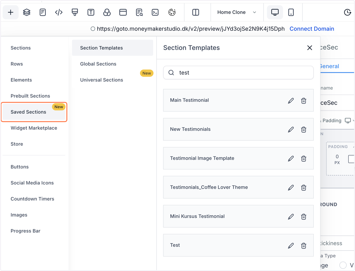 Klik på Saved Sections og vælg den type du vil indsætte "Section Templates"/Global Sections/Universal Sections"